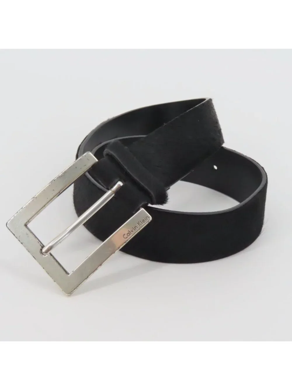 Calvin Klein Women Small Solid Black Genuine Leather Cow Hair Belt Silver Buckle